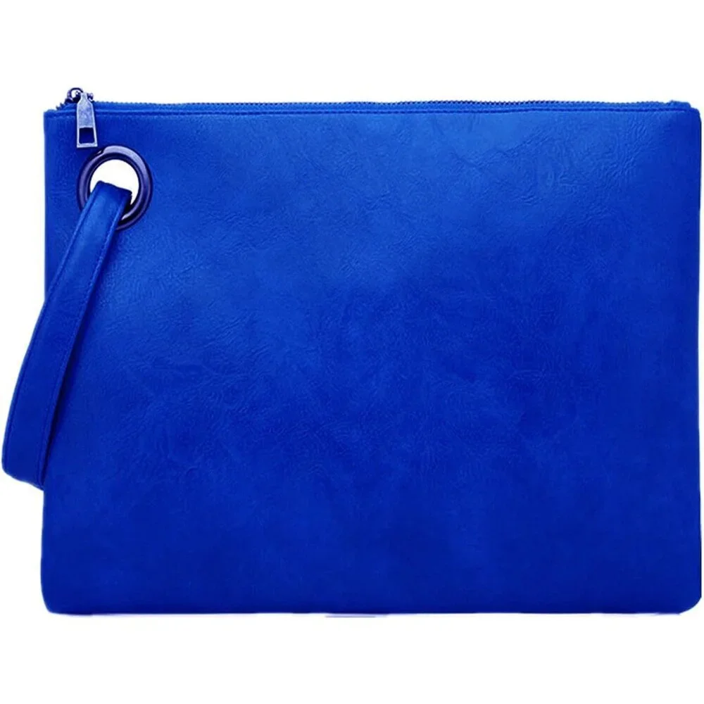 Women's Royal Blue Leather Zipper Trendy Designer Wristlet Elegant Clutch